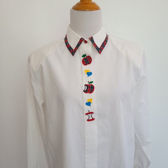Karen Scott Teacher Button Front Shirt Apple Embroidery Plaid Trim Women Small - Picture 4 of 13